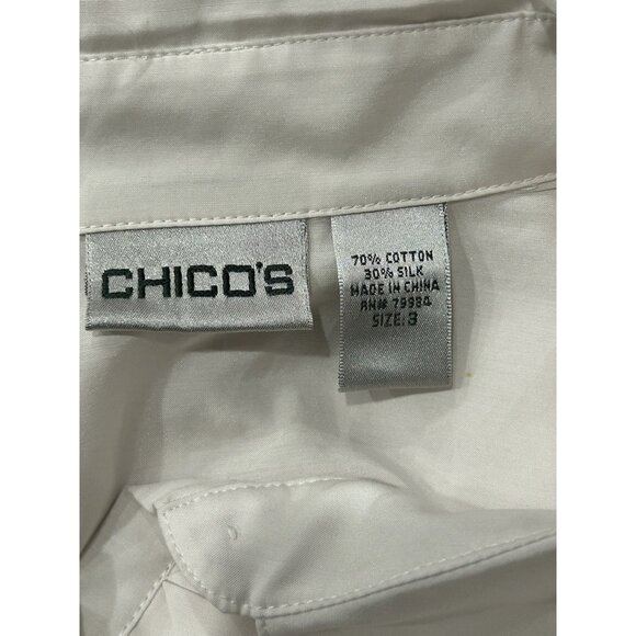 Chicos White Long Sleeve Button-Up Silk Shirt Geometric Front Design Sz XL - Picture 5 of 9